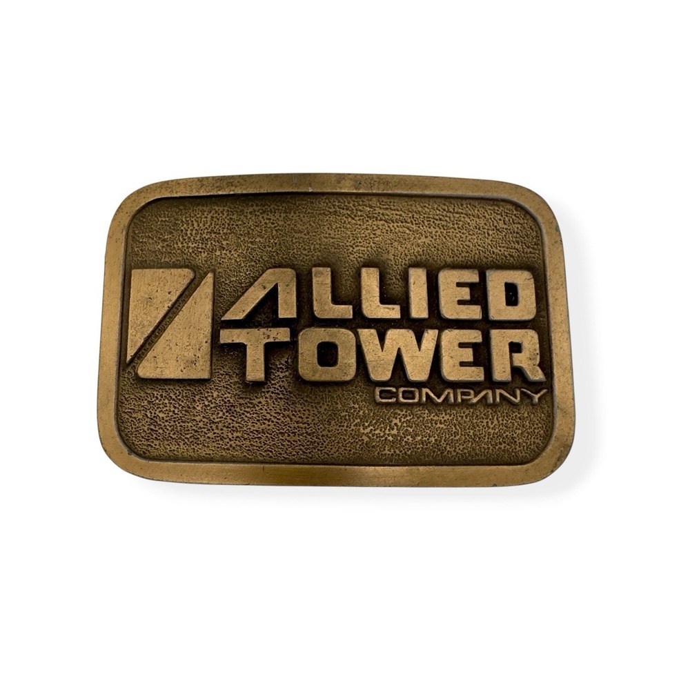 Vintage Allied Tower Company Logo Solid Brass Belt Buckle 70s 80s Oklahoma